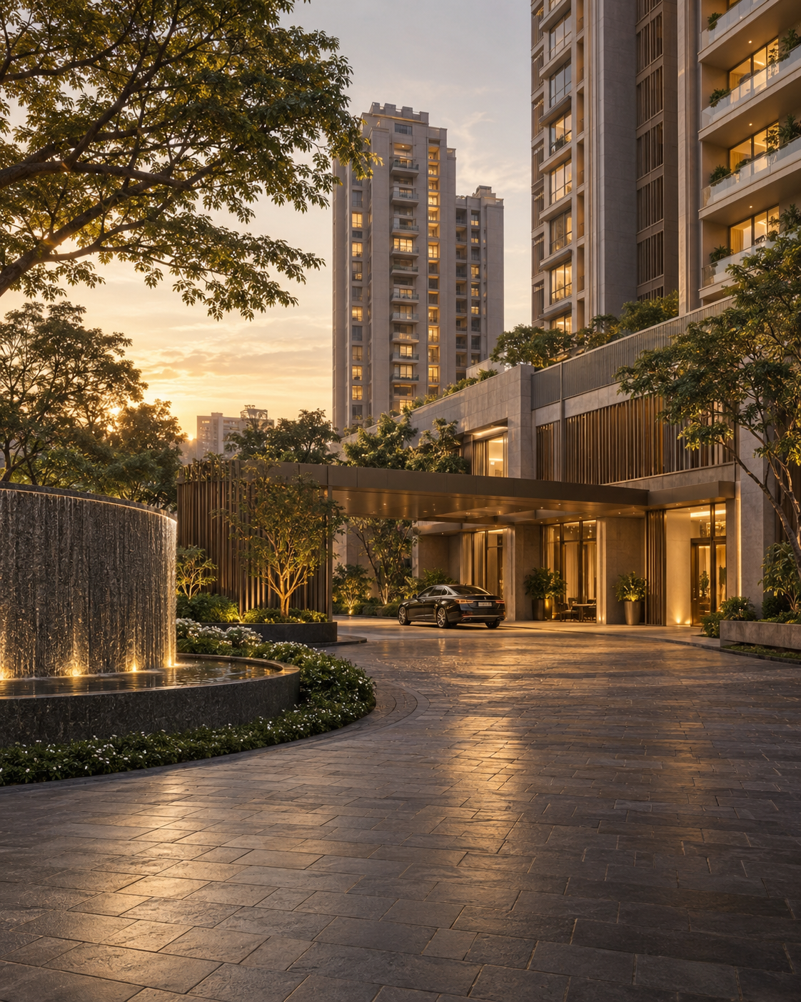 Premium residential arrival court at golden hour